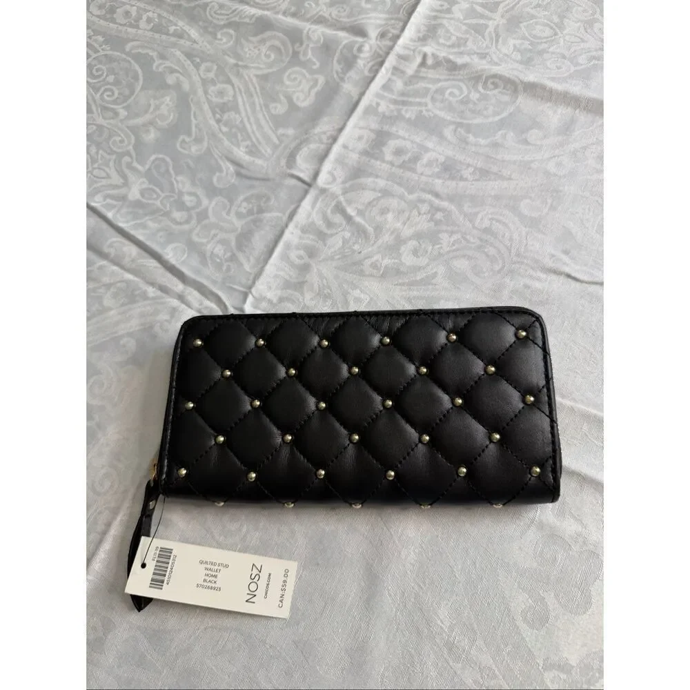 NWT Chico’s Black Leather Quilted Stud Wallet New